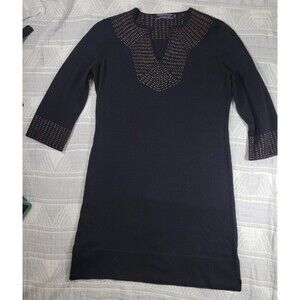 Peruvian Connection Cotton Knit Tunic Dress Size M Black Brown Embroidered 3/4